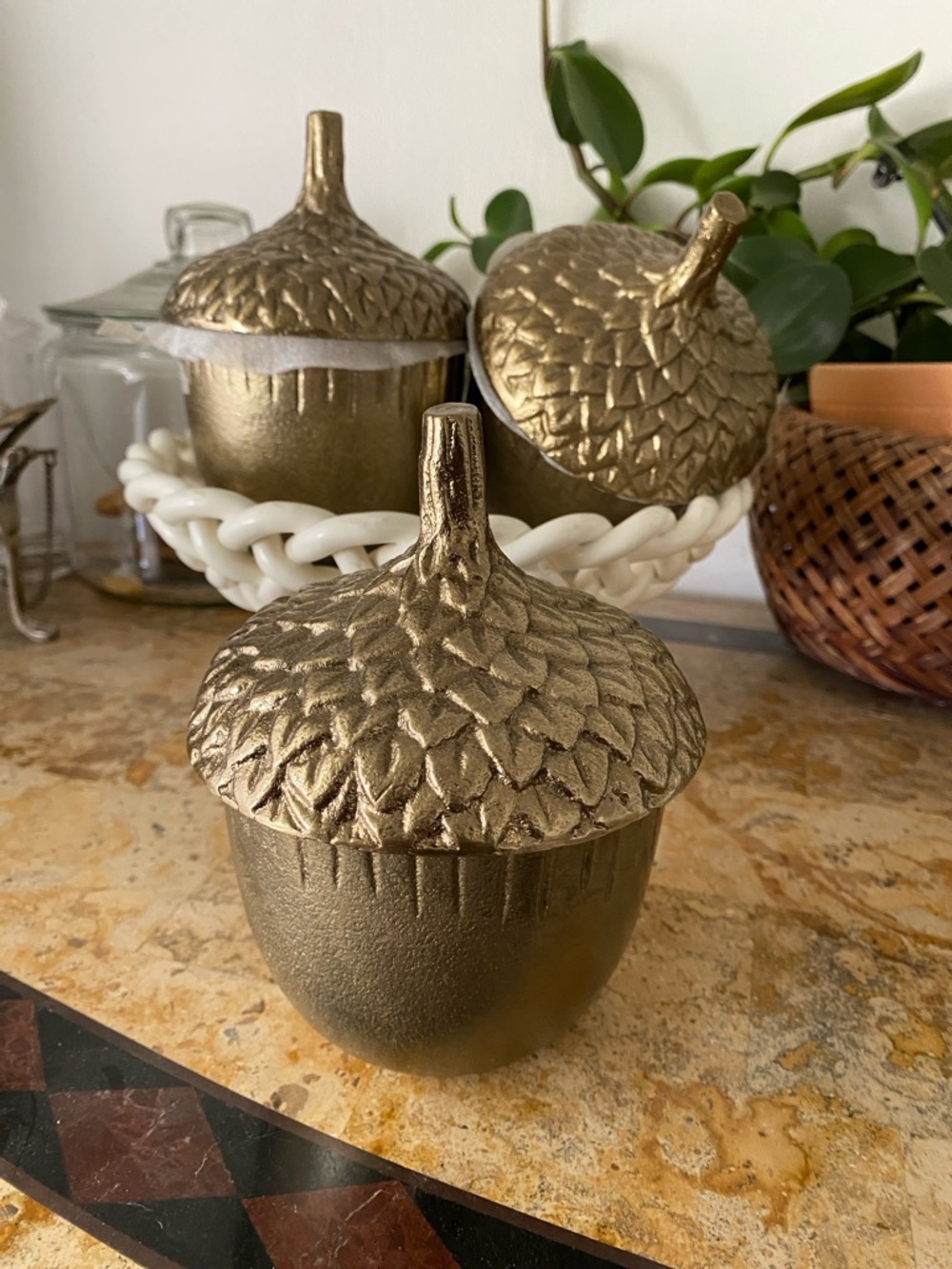 1 Decorative Metallic Acorn Trinket Box - brass 6 inches tall